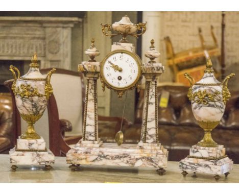 CLOCK GARNITURE, early 20th century French variegated marble and gilt metal mounted clock and matching vases, clock 42cm H x 