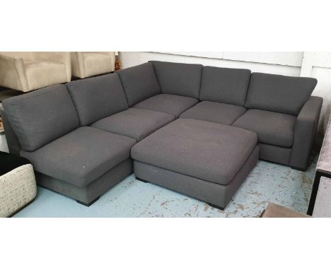 CORNER SOFA, contemporary grey felt finish, 250cm x 250cm x 72cm and ottoman. (2)