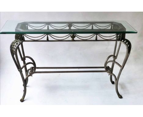 CONSOLE TABLE, Spanish wrought iron with gilt detail, the moulded glass top on stretchered cabriole support, 120cm x 40cm D x