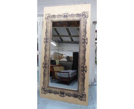 WALL MIRROR, of substantial proportions, the plywood surround with monochrome painted antique frame detail, 120cm W x 233cm H