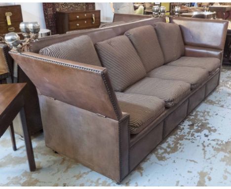 KNOLE SOFA, of substantial proportions, brown leather with studded detail and striped cushions, 255cm x 95cm x 112cm H.