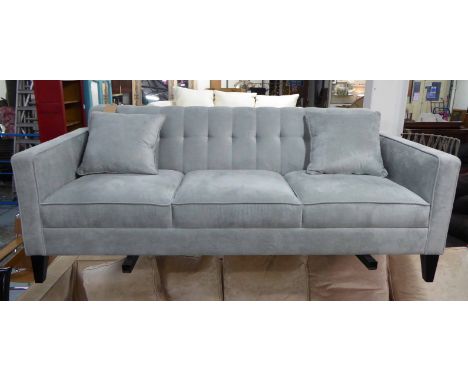 SOFA, three seater, in grey upholstery with two scatter cushions, 190cm x 80cm x 75cm H.