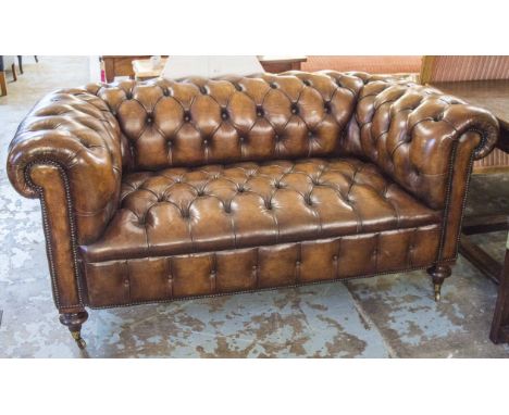 CHESTERFIELD SOFA, Victorian style hand finished leaf brown leather with curved deep button upholstered back and arms, 172cm 