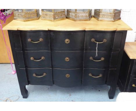 COMMODE, ebonised with natural top above three long drawers, 110cm W x 48cm D x 86cm H. (with faults)