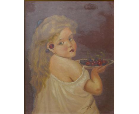 Amie White, portrait of a girl with cherries, oil on canvas, dated 1909, 50 x 40cms, framed 