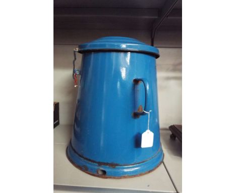 A French blue enamel two handled container with vented lid