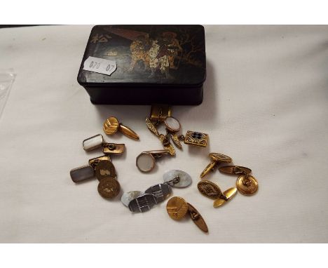 A selection of Masonic cufflinks and a Japanese papier-mache snuff box with hand-painted scene