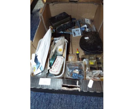 A box of assorted vintage fishing tackle, lay-lines, hooks, floats, weights etc