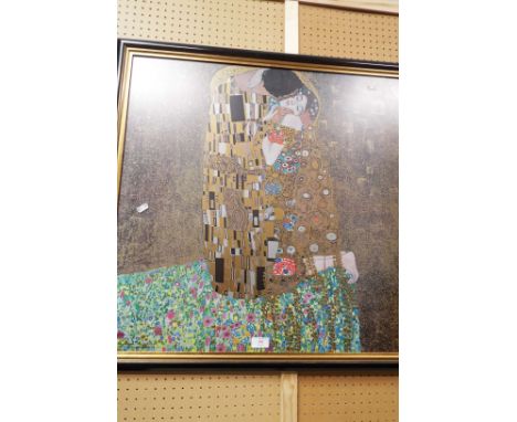 GUSTAV KLIMT 'The Kiss' open edition print from Galerie Welz in Austria, details below, framed