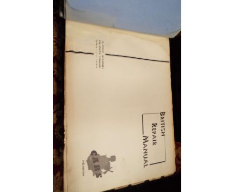 A British repairs manual 'Cars 1953', 'Popular Mechanics 1946 Vol. 86' and a box of miniature maps