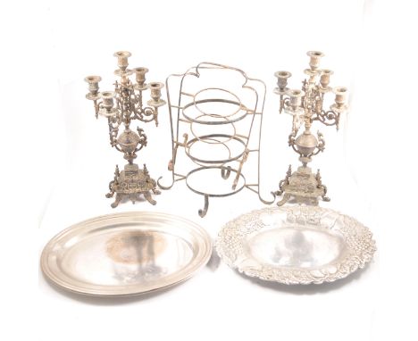 Pair of cast silver plated candelabra, oval tray, salvers, cutlery, etc.