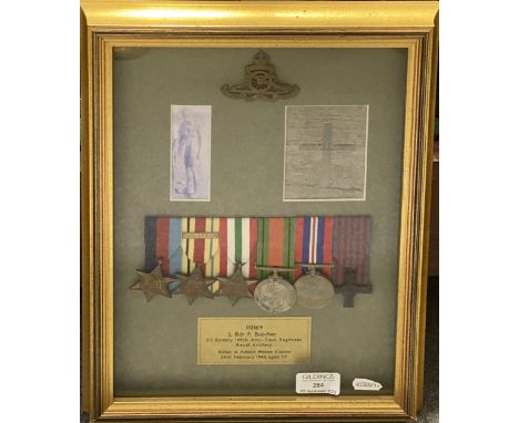 Display Case of World War II Medals and Monte Casino Medal. 1929-1945 War Medal, Defence Medal, The 1939-1945 Star, the Afric