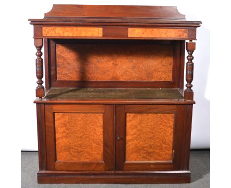 Victorian mahogany and maple wood buffet, shelf over two panelled doors, plinth base, width 102cm, depth 41cm, height 114cm.