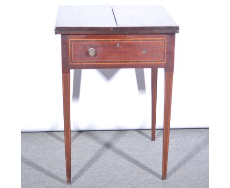 Mahogany card table, adapted, flap-over top, baize-lined interior, frieze drawer opposed by a dummy drawer, square tapering l