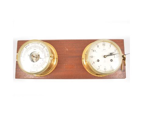 Schatz "Royal Mariner" ships bulkhead clock and barometer, brass cased and mounted on a wooden plaque, 56x20cm, 13cm cream di