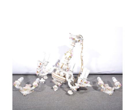 Continental porcelain ceiling light, six branches, 53cm drop, and a pair of wall lights.
