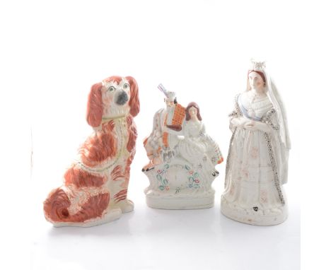 Collection of Staffordshire figures and flatbacks, including a large 'Queen of England' (Victoria) 44cm, Highlanders clock gr