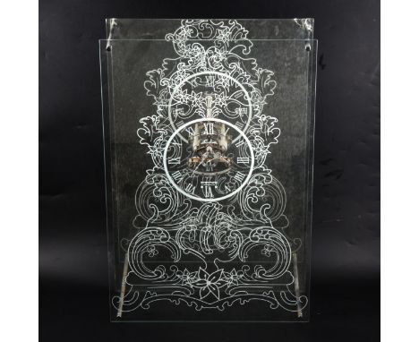 Mantel clock, two glass panels with a skeleton battery movement, 53x36cm, (a.f.).