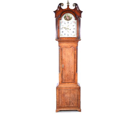 Oak and mahogany longcase clock, swan neck pediment, fluted columns, ong door, bracket feet, 13" arched painted dial with sub