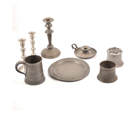 Quantity of pewter, antique and modern, including a plate, Victorian inkwell, Victorian tankards, etc.
