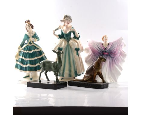 A collection of Art Deco figures and ornaments, including a spelter figure of a dancer, on marble plinth; a desk sculpture of