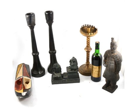 Smalls; 19th Century painted and gilt altar candlestick, black glazed reproduction Chinese warrior, other lamps, boxes, templ