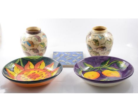 Quantity of Isnik style pottery with fish design, including two of ovoid vases, 18cm, cuboid vase with green ground, 20cm, an