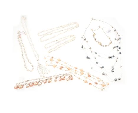 A faux cream pearl and gilt metal necklace, 89cm; a similar shorter version, bolt fastener, 64cm; a natural colour and grey f
