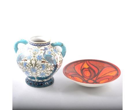 Poole Pottery Delphis series bowl, 27cm diam, and a Past Times Isnik style twin-handled vase, 21cm.