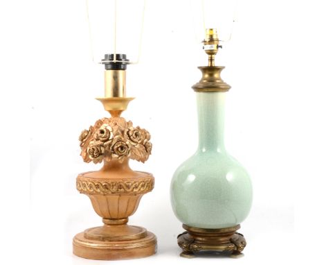 Crackle glazed celadon and gilt metal mounted table lamp, 46cm; and a carved gilt wood table lamp, 41cm high.