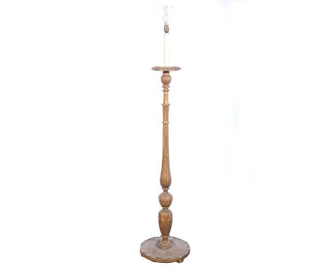 Gilt wood standard lamp, fluted column, circular base, with shade, overall 177cm.