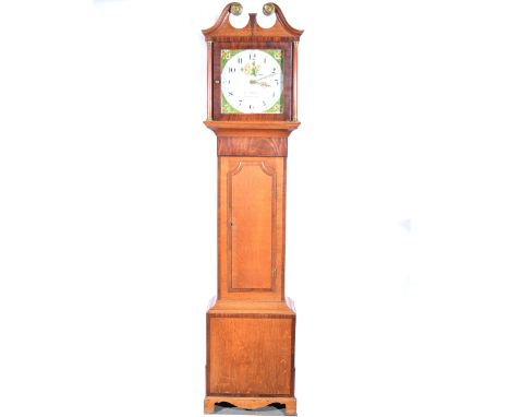 Oak and mahogany longcase clock, the hood with swan neck pediment, turned columns, long door, box base, bracket feet, 12" squ