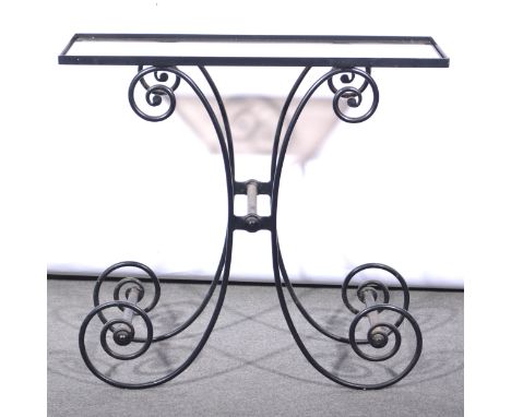 Vintage wrought iron console table, rectangular glass top, scrolled base, width 77cm, depth 29cm, height 70cm.