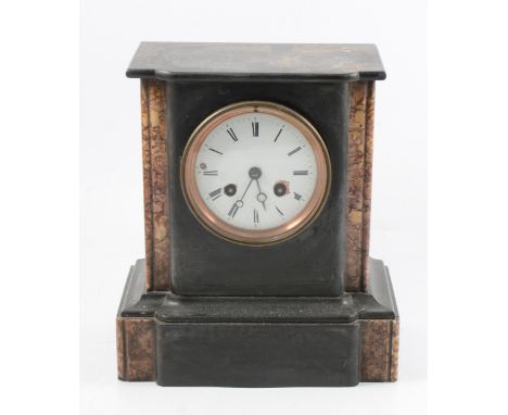 Black marble mantel clock, French cylinder movement striking on a bell, white circular enamel dial with Roman numerals, with 