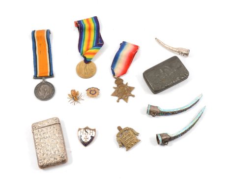 Medals; WWI group of three, awarded to 04803, Pte S W Baker, Army Ordnance Corps, badge, silver plated vesta, metal snuff box