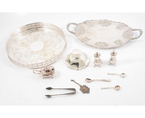 Silver inkwell, and a Victorian silver fob; together with a three-piece condiments set, and sundry plated ware, including cut