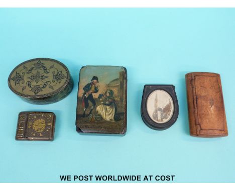 A 19thC papier mache table-top snuff box, treen and brass snuff boxes and two vestas