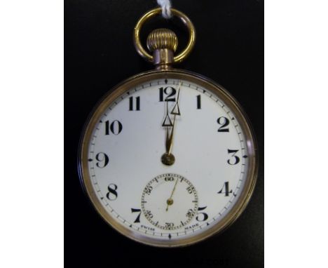 Swiss made 9ct gold keyless wind open faced pocket watch with Arabic numerals, gold skeleton hands and inset subsidiary secon