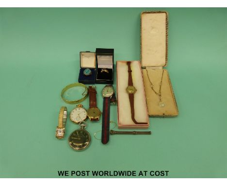 A collection of jewellery, wristwatches and pocket watches including a 9ct gold bracelet, 9ct gold ring set with an amethyst,