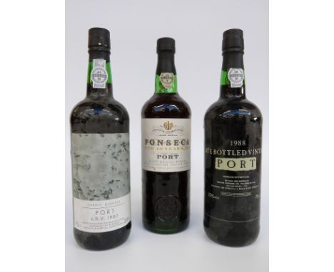 Three bottles of port comprising of Fonseca 1988, 1988 LBV bottled by Morgan Brothers and Harvey Nichols 1987 LBV, 75cl, 20% 
