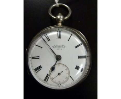 H Samuel Manchester hallmarked silver open faced pocket watch with Roman numerals, inset subsidiary seconds dial, white ename