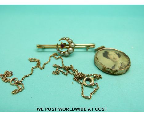A 9ct gold chain and a 15ct gold brooch set with seed pearls and a ruby etc
