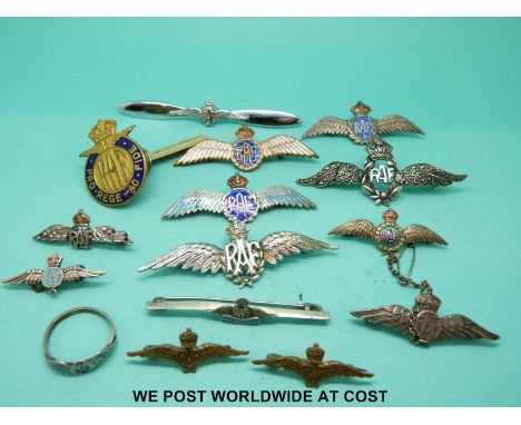 Six silver RAF sweet heart brooches some with enamel decoration together with eight other sweet heart brooches and an RAF swe