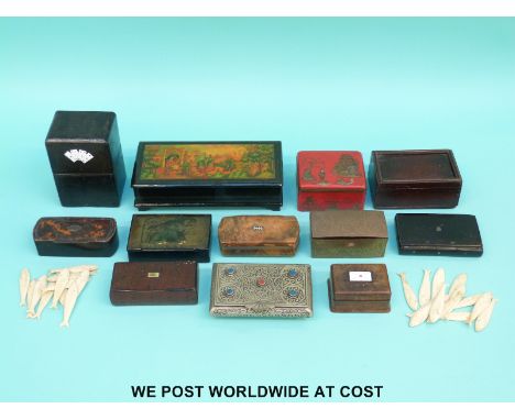 A quantity of boxes to include leather card box with enamel decoration, Russian lacquer, snuff boxes etc