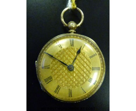 An 18ct gold pocket watch with engine turned and engraved self-coloured dial, black Roman numerals, movement numbered 8909 an