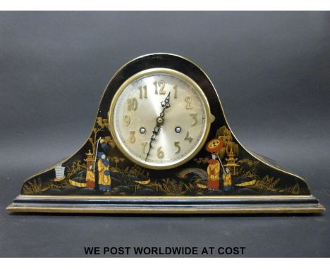 A chinoiserie decorated lacquer Napoleon hat mantel clock in the manner of Asprey