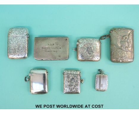 Four hallmarked silver vestas, hallmarked silver snuff box, plated pill box and a plated vesta with owl decoration