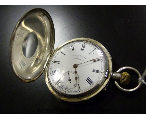 J G Graves Sheffield hallmarked silver half hunter pocket watch with blue enamel Roman numerals to the case, inset subsidiary