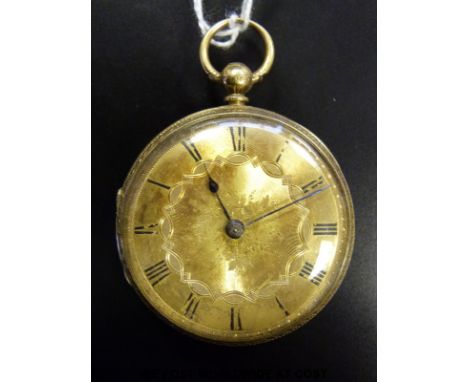 An 18ct gold pocket watch with engine turned and engraved self-coloured dial, black Roman numerals, fusee movement numbered 4