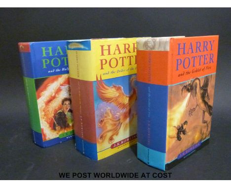 Three Harry Potter first edition hardback books; Goblet of Fire, Order of the Phoenix, and The Half Blood Prince